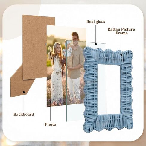 Novabright Set of 2 Handmade Blue Rattan Picture Frames 4'' x 6'' Wavy Edge Boho Photo Frame for Nautical Beach Themed Home Room Office Desk Display Coastal Decoration in Kuwait