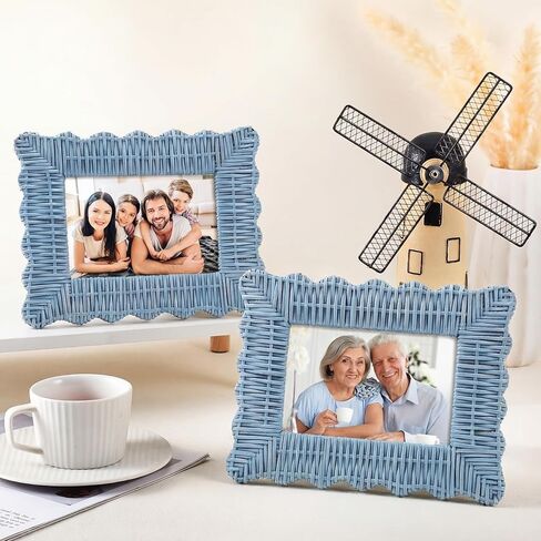 Novabright Set of 2 Handmade Blue Rattan Picture Frames 4'' x 6'' Wavy Edge Boho Photo Frame for Nautical Beach Themed Home Room Office Desk Display Coastal Decoration in Kuwait