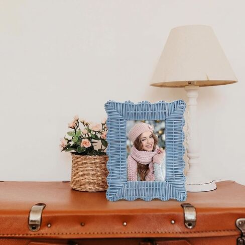 Novabright Set of 2 Handmade Blue Rattan Picture Frames 4'' x 6'' Wavy Edge Boho Photo Frame for Nautical Beach Themed Home Room Office Desk Display Coastal Decoration in Kuwait