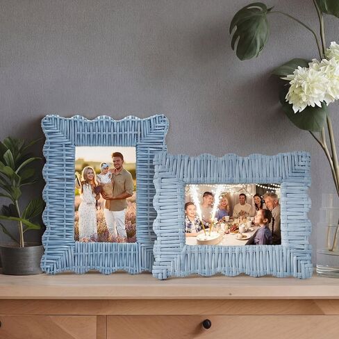 Novabright Set of 2 Handmade Blue Rattan Picture Frames 4'' x 6'' Wavy Edge Boho Photo Frame for Nautical Beach Themed Home Room Office Desk Display Coastal Decoration in Kuwait