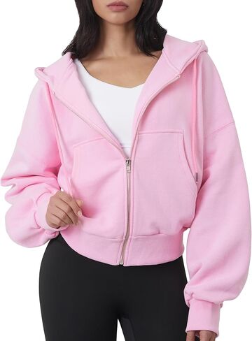 GIVON Womens Oversized Fit Cropped Zip Up Hoodies Nickel Zipper Soft French Terry Hooded Sweatshirts with Kangaroo Pocket in Kuwait