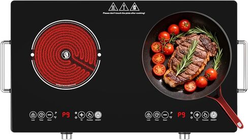 Electric Cooktop 24 Inch,Electric Stove 2 Burners 110V Built-in and Countertop Plug in 2400w,LED Touch Screen,9 Heating 9 Temperature,Overheat Protection,Kids Lock & Timer,Suitable for all Pans in Saudi Arabia