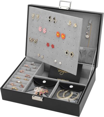 DesignSter Jewelry Box for Woman, 2 Layers Leather Jewelry Organizers and Storage with 8 Small Jewelry Pockets，Jewelry Box for Earrings Necklaces Bracelets with Cleaning Cloth Rings(Pink) in Kuwait