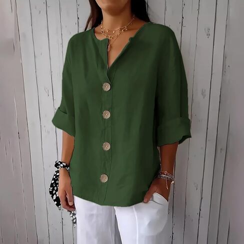 Linen Clothes for Seniors Button Down V Neck 3/4 Sleeve Shirts Casual Loose Fit Cotton Soft Summer Tunic Tops in Saudi Arabia