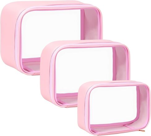 Travel Clear Makeup Bag Set for Women, 3 Pack Travel Size Toiletry Bag with Zipper Small Makeup Pouch for Purse Waterproof Portable Cosmetic Case Compact Car Organizer Storage Bag (Pink Set) in Kuwait