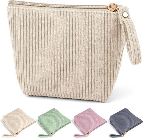 MAGEFY 2Pcs Makeup Bag Set, Cute Makeup Pouch for Purse Corduroy Travel Cosmetic Pouch for Women with Slip-in Pockets for Purse Essentials Accessories(Beige,Mini+Small) in Kuwait