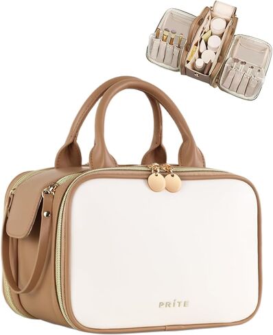 حقيبة مكياج للسفر من برايت للنساء، سعة كبيرة، منظم مستحضرات التجميل المقاوم للماء، حقيبة أدوات الزينة المحمولة والمسطحة المفتوحة مع حامل فرشاة قائم بذاته ومقبض (بيج بني كبير) in Kuwait