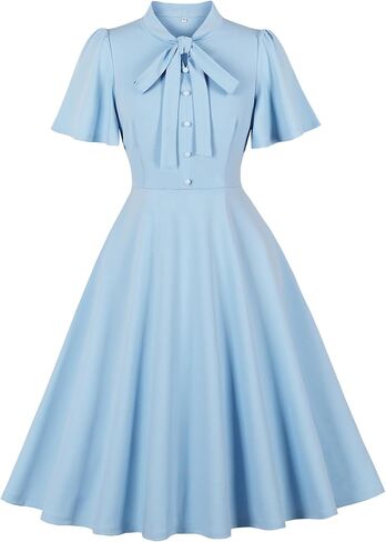 Wellwits Women's Flare Sleeves Bow Tie Neck Vintage Work Cocktail Dress in Saudi Arabia