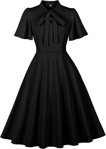 Wellwits Women's Flare Sleeves Bow Tie Neck Vintage Work Cocktail Dress in Saudi Arabia