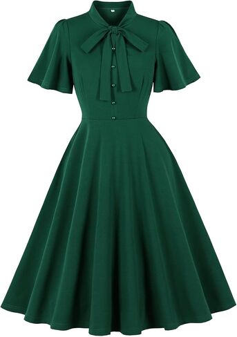 Wellwits Women's Flare Sleeves Bow Tie Neck Vintage Work Cocktail Dress in Saudi Arabia