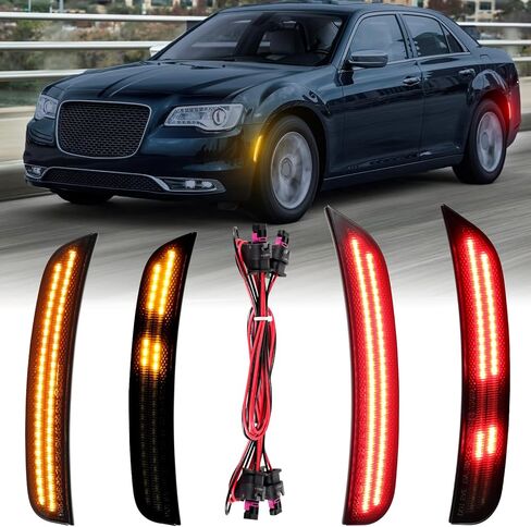 Dynamic White LED Side Marker Lights for Chrysler 300 2015-2023 Upgrade Dual-Row Sequential Front Rear Fender Bumper Lamps Smoked Lens 4 Pcs with 4 Pigtail Connector Wires Accessories in Kuwait