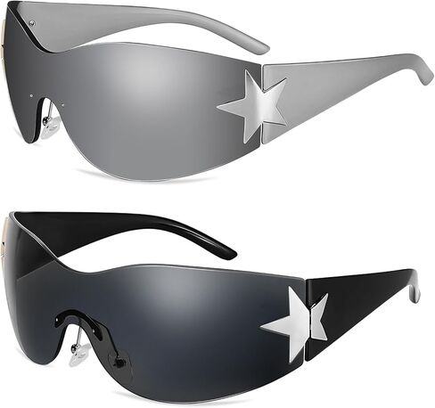 JATEBI 2 Pairs Y2k Sunglasses for Women Men Shield Wrap Around Trendy Oversized Frameless Sun Glasses UV400 Protection in Kuwait