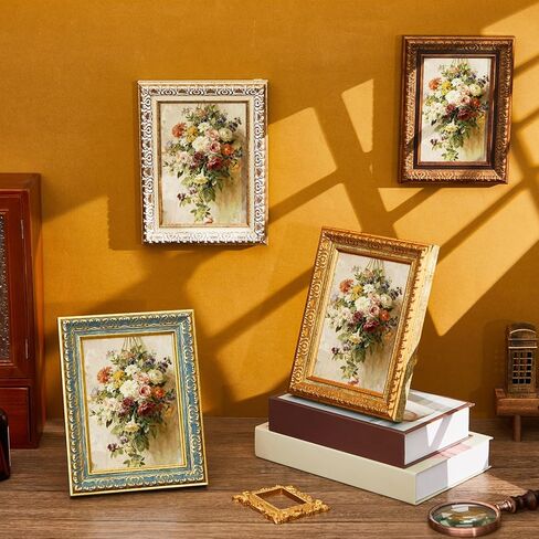 4 مجموعات من إطارات الصور العتيقة مقاس 5 × 7 بوصة، إطار صور عتيق مزخرف مع غطاء بلاستيكي عالي الدقة للجدار أو سطح الطاولة، متعدد الألوان in Kuwait