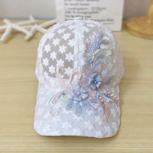 Women's Thin Summer Lace Baseball Cap with Embroidered Flowers, Breathable Design for Beach, Outdoor, and Daily Fashion, White in Saudi Arabia