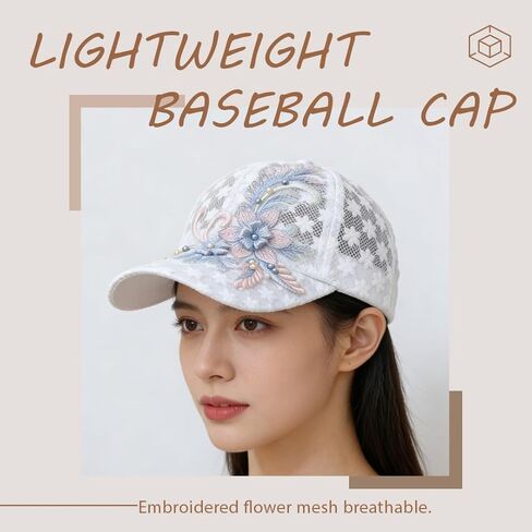 Women's Thin Summer Lace Baseball Cap with Embroidered Flowers, Breathable Design for Beach, Outdoor, and Daily Fashion, White in Saudi Arabia
