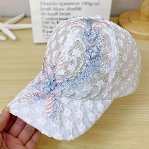 Women's Thin Summer Lace Baseball Cap with Embroidered Flowers, Breathable Design for Beach, Outdoor, and Daily Fashion, White in Saudi Arabia
