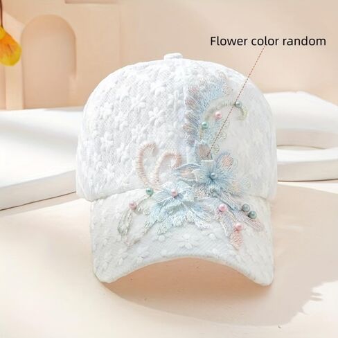 Women's Thin Summer Lace Baseball Cap with Embroidered Flowers, Breathable Design for Beach, Outdoor, and Daily Fashion, White in Saudi Arabia