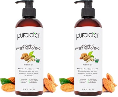 PURA D'OR Organic Sweet Almond Oil (16oz) USDA Certified 100% Pure & Natural Carrier Oil - Hexane Free - Skin & Face - Facial Polish, Full Body, Massages, DIY Base (Packaging may vary) in Kuwait