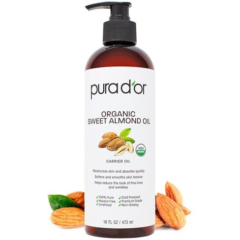 PURA D'OR Organic Sweet Almond Oil (16oz) USDA Certified 100% Pure & Natural Carrier Oil - Hexane Free - Skin & Face - Facial Polish, Full Body, Massages, DIY Base (Packaging may vary) in Kuwait