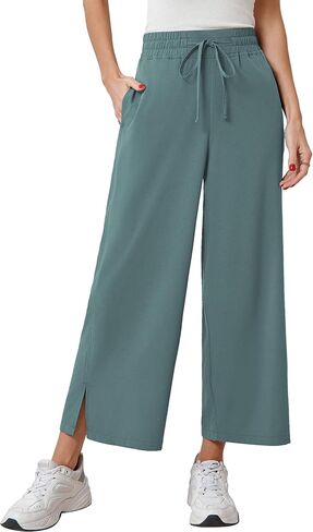 Wide Leg Cropped Pants for Women Lightweight Side Split Summer Casual Workout Wideleg Ankle Pant Bottoms, S-XL in Saudi Arabia