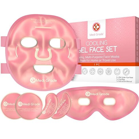 Medi Grade Cooling Face Mask and Cold Eye Mask - Safe Gel Technology Complete Eye, Under Eye and Face Ice Pack Set - Soothing Cold Face and Eye Masks for Dark Circles and Puffiness - Cool Bag Incl. in Saudi Arabia