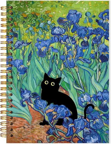 Van Gogh Irises Black Cat Spiral Notebook, Vintage Funny Cat Blue Floral Journal, Cats Lovers Mom Lady Gifts Notebook, Whimsical Black Kitten Irises Journal, 5.5x8.3 in Kuwait