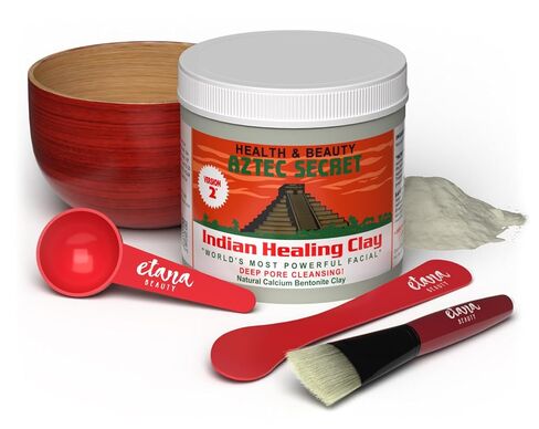 Aztec Secret Aztec Clay Premium Mask Set by Etana Beauty – All-In-One Kit Includes 1lb Indian Healing Clay, 16oz Bragg's Apple Cider Vinegar, Natural Bamboo Bowl, Stir, Scoop, Brush & Tote in Saudi Arabia