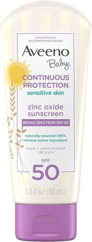 Aveeno Baby Continuous Protection Zinc Oxide Mineral Sunscreen Lotion for Sensitive Skin with Broad Spectrum SPF 50, Tear-Free, Sweat- & Water-Resistant, Travel-Size, 3 fl. Oz in Kuwait
