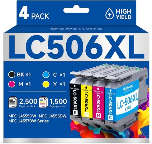 خراطيش حبر LC506XL LC506 لخراطيش حبر Brother LC 506 XL 506XL LC506XL متوافقة مع طابعة سلسلة Brother MFC-J4355DW MFC-J4555DW MFC-J4557DW (4 عبوات عالية الإنتاجية، BK/C/M/Y) in Kuwait