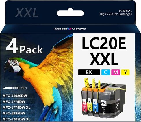 خراطيش حبر LC20E XXL مع بديل عالي الإنتاجية لطابعات Brother LC20E التي تعمل مع طابعات Brother MFC-J985DW MFC-J775DW MFC-J5920DW (أسود، سماوي، أرجواني، أصفر، 4 عبوات) in Kuwait