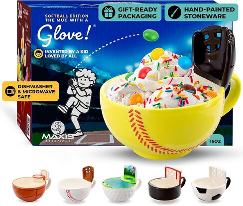 MAX’IS Creations The Mug with a Glove Fun Coffee Baseball Mug, Ice Cream Cereal Bowl, Baseball Accessories, Baseball Coach Gifts, Gifts for Boys 8-12 12-14 Men Baseball Players, 16oz in Saudi Arabia
