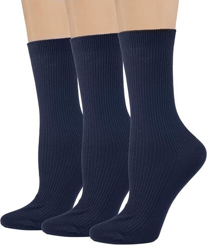 جوارب نسائية من القطن الممشط والمضلع الناعم باللون الأسود والأبيض والأزرق الداكن من 3 قطع من COTTON DAY in Kuwait