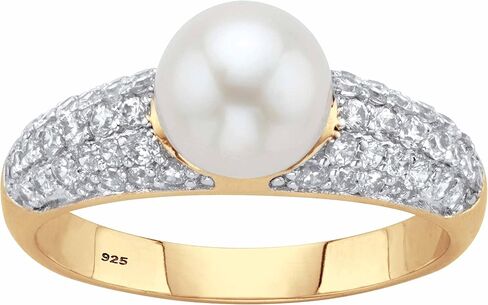 14K Yellow Gold over Sterling Silver Genuine Round Cultured Freshwater Pearl and Cubic Zirconia Ring (5/8 cttw) in Saudi Arabia