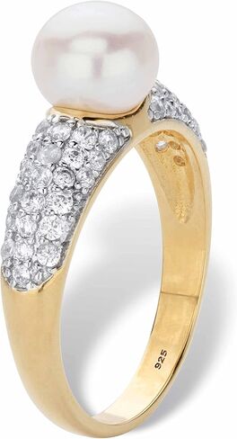 14K Yellow Gold over Sterling Silver Genuine Round Cultured Freshwater Pearl and Cubic Zirconia Ring (5/8 cttw) in Saudi Arabia