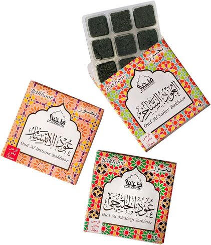Oud Al Khaleeji, Ibtisam, Saher Bakhoor by Dukhni | 3 x 9 Piece Each | Assorted Arabic Bakhoor Incense | Perfect to Relax, Meditate & Pray | Rich, Luxurious, Long Lasting in Kuwait