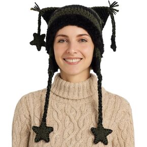 Y2K Cat Beanie with Stars, Black Green Stripe Crochet Hat, Warm Winter Hat for Women, Slouchy Beanies, Vintage Beanies Accessories for 22.4-23.2 in Head in Kuwait
