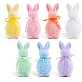 7PCS Easter Flocked Bunny Decorations,Mini Foam Bunny with Bow Tie Flocking Rabbit Tabletop Ornament for Table Gift Spring Wreath Party Farmhouse Home Decoration in Kuwait