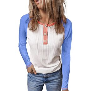 KINLONSAIR Women Raglan Long Sleeve Crew Neck Tunic Shirts Regular Fit T-shirts Color Block Fall Knit Tops Button Down Henley Shirts Trendy Outfits 2025 Blue in Kuwait
