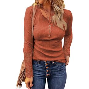 قمصان Miselon النسائية بأكمام طويلة ورقبة على شكل V وأزرار من الدانتيل، بلوزة كاجوال ضيقة مضلعة in Kuwait