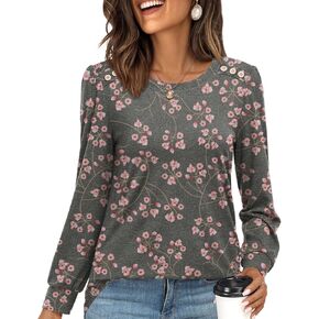 CATHY Womens Tops Puff Long Sleeve Shirts Fall Fashion Crewneck Buttons Tunic Blouses Business Casual Outfits in Kuwait