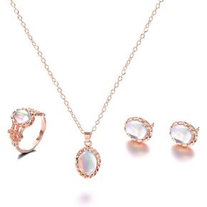 3 PCS Set Rose Gold Plated Women's Wedding Bridal Colored Crystal Ring Necklace Earrings Bohemian Rose Gold Jewelry in Saudi Arabia