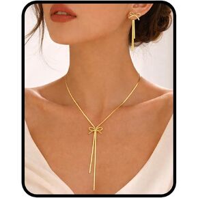 Gold Bow Jewelry Set for Women，Minimalist Bow Tassel Pendant Y Herringbone Stainless Steel Necklace with Long Drop Dangle Elegant Bow Earrings Fashion Jewelry Gift in Saudi Arabia