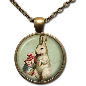 Vintage Adorable Rabbit with Easter Basket Handmade ROUND Glass Pendant Necklace Jewelry (18, Antique Bronze) in Kuwait