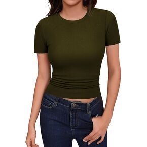 Missufe Women's Crew Neck Short Sleeve Ribbed Knit Slim Fit Summer Casual Basic T Shirt Crop Top 2025 Trendy Y2k Outfits in Saudi Arabia