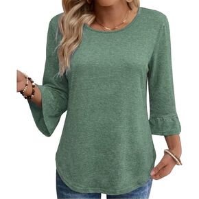 تي شيرت نسائي برقبة دائرية 3/4 كم تي شيرت مكشكش بقصة ضيقة أنيق عصري فضفاض قميص غير رسمي للربيع/الصيف قميص أساسي in Kuwait