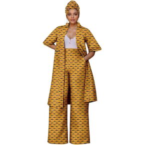 African Coat for Women 2 Piece Suit Set Traditional Ankara Print Jacket and Pants with Headwrap and Earrings in Kuwait