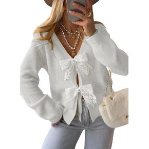 Cakulo Womens Bow Tie Sweater V Neck Cardigan Sweaters Lightweight Fall Fashion Knit Cardigans Winter Clothes 2025 White M in Kuwait