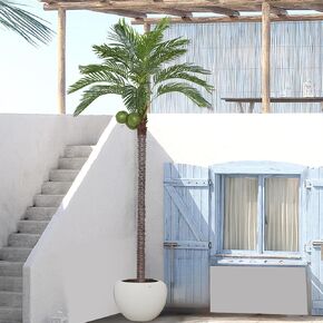 Artificial Phoenix Palm Tree 10FT with 24 Leaves & 3 Coconut Fruit & Real Bark Tropical Areca Sago Palm Tall Large Faux Plant 120 Inch Black Pot for Indoor Outdoor Home Office Poolside Decor in Kuwait