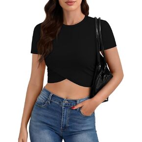 Laughido Wrap Workout Crop Tops for Women Athletic Yoga Gym Tees Crew Neck Short Sleeve Slim Fit T Shirts in Kuwait