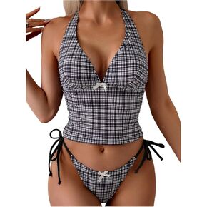 GORGLITTER Women's Plaid Gingham Tankini Swimsuits High Cut String Thong Deep V Halter Bathing Suits in Saudi Arabia